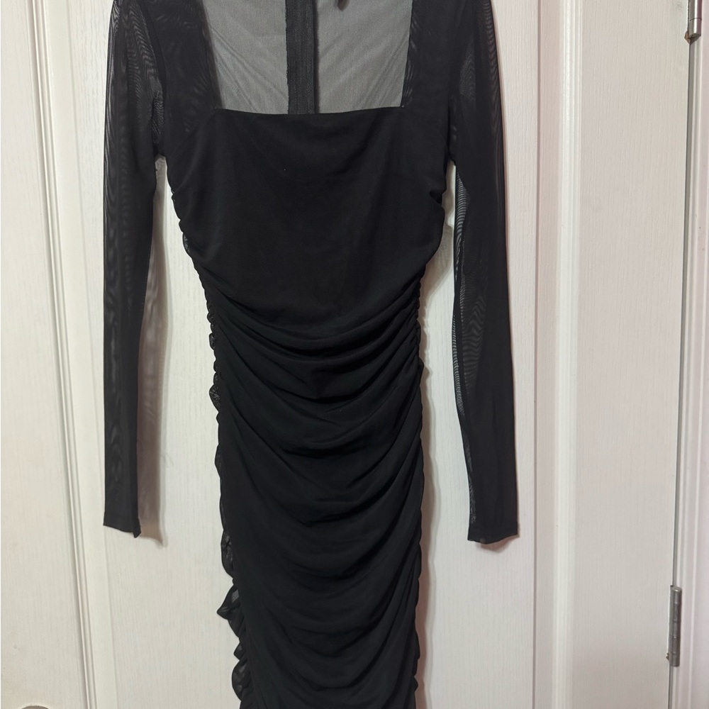 Windsor Black Mesh Ruched Long Sleeve Bodycon Dress